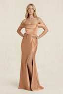 Off - the - Shoulder Sheath Satin Bridesmaid Dress with Slit in Bronzer - KissProm Bridesmaid Dresses