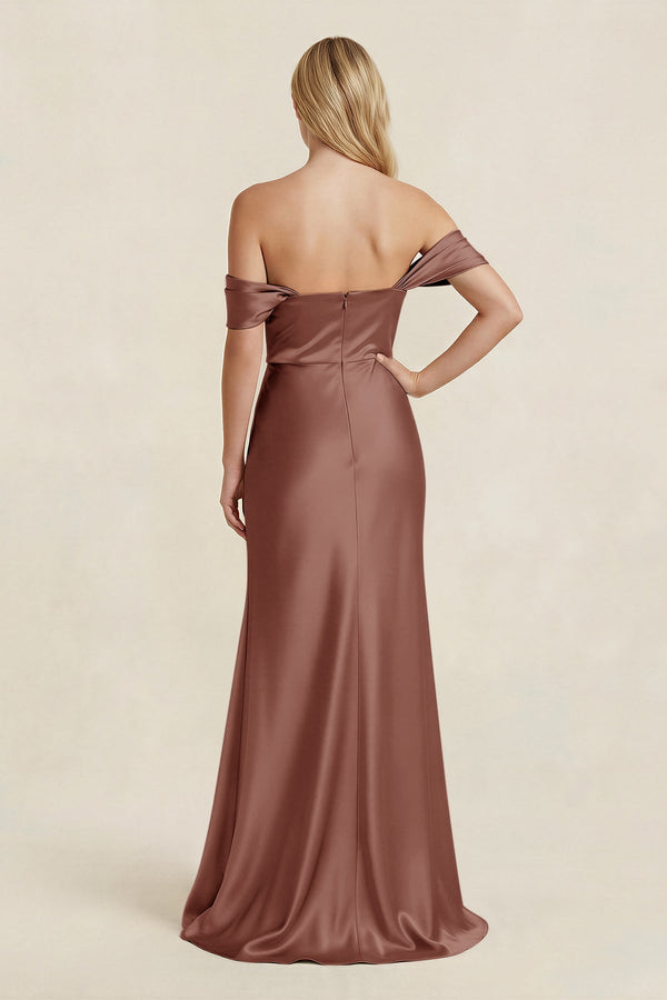 Off - the - Shoulder Sheath Satin Bridesmaid Dress with Slit in Brown - KissProm Bridesmaid Dresses