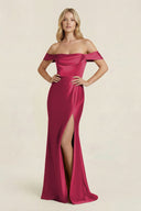 Off - the - Shoulder Sheath Satin Bridesmaid Dress with Slit in Burgundy - KissProm Bridesmaid Dresses