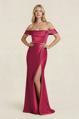 Off - the - Shoulder Sheath Satin Bridesmaid Dress with Slit in Burgundy - KissProm Bridesmaid Dresses