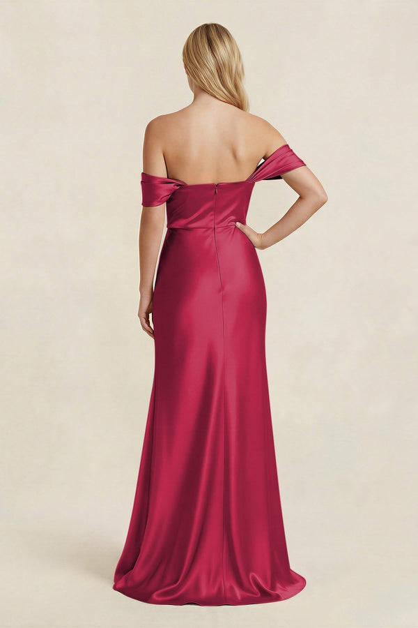 Off - the - Shoulder Sheath Satin Bridesmaid Dress with Slit in Burgundy - KissProm Bridesmaid Dresses