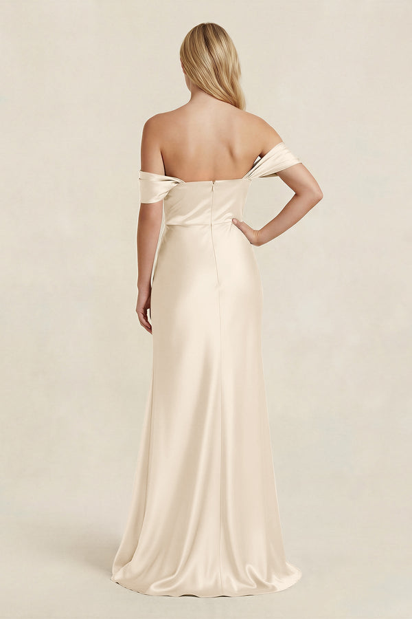 Off - the - Shoulder Sheath Satin Bridesmaid Dress with Slit in Buttercream - KissProm Bridesmaid Dresses