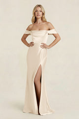 Off - the - Shoulder Sheath Satin Bridesmaid Dress with Slit in Buttercream - KissProm Bridesmaid Dresses