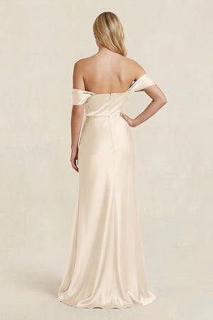 Off - the - Shoulder Sheath Satin Bridesmaid Dress with Slit in Buttercream - KissProm Bridesmaid Dresses