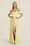 Off - the - Shoulder Sheath Satin Bridesmaid Dress with Slit in Buttercup - KissProm Bridesmaid Dresses