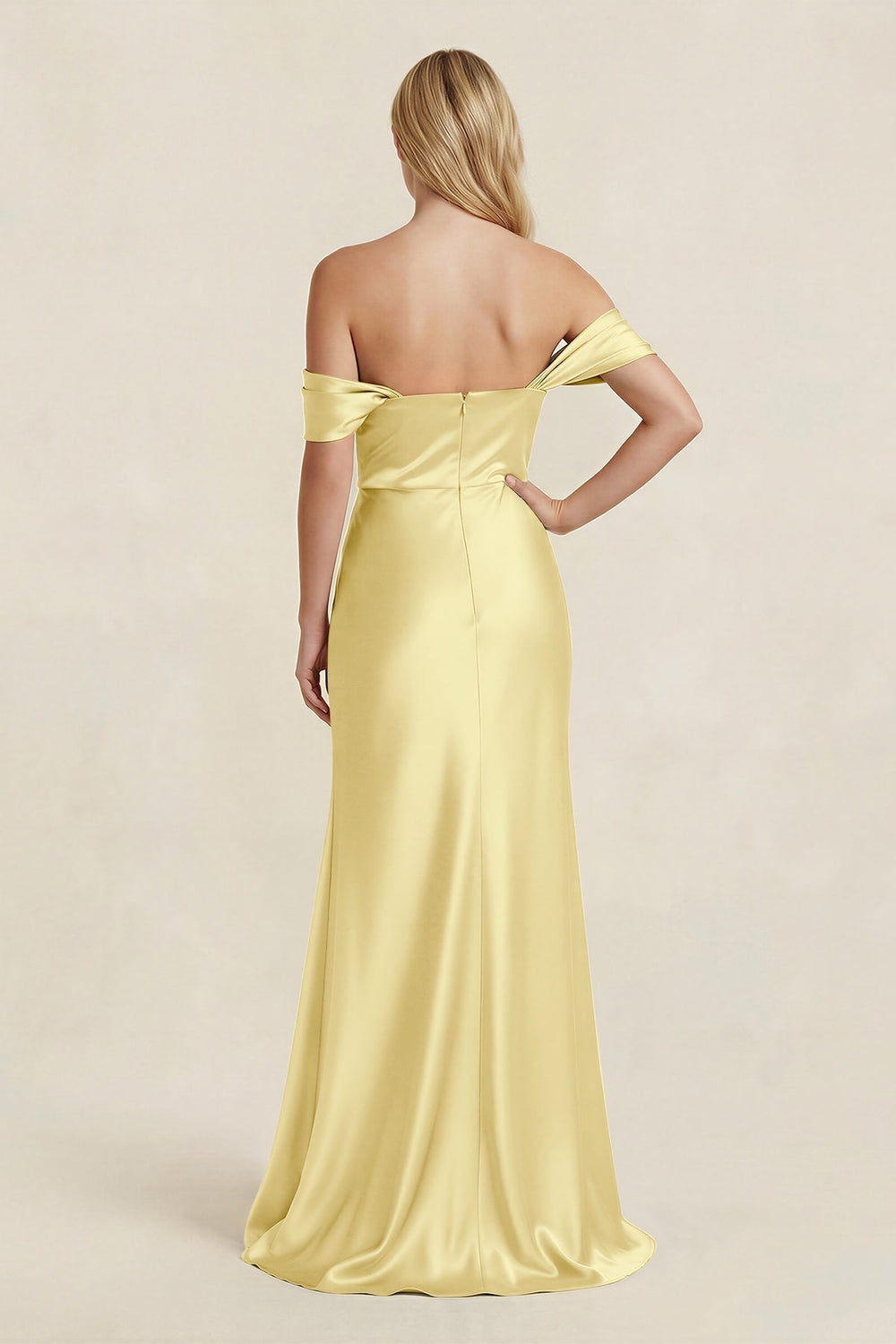 Off - the - Shoulder Sheath Satin Bridesmaid Dress with Slit in Buttercup - KissProm Bridesmaid Dresses