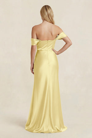 Off - the - Shoulder Sheath Satin Bridesmaid Dress with Slit in Buttercup - KissProm Bridesmaid Dresses
