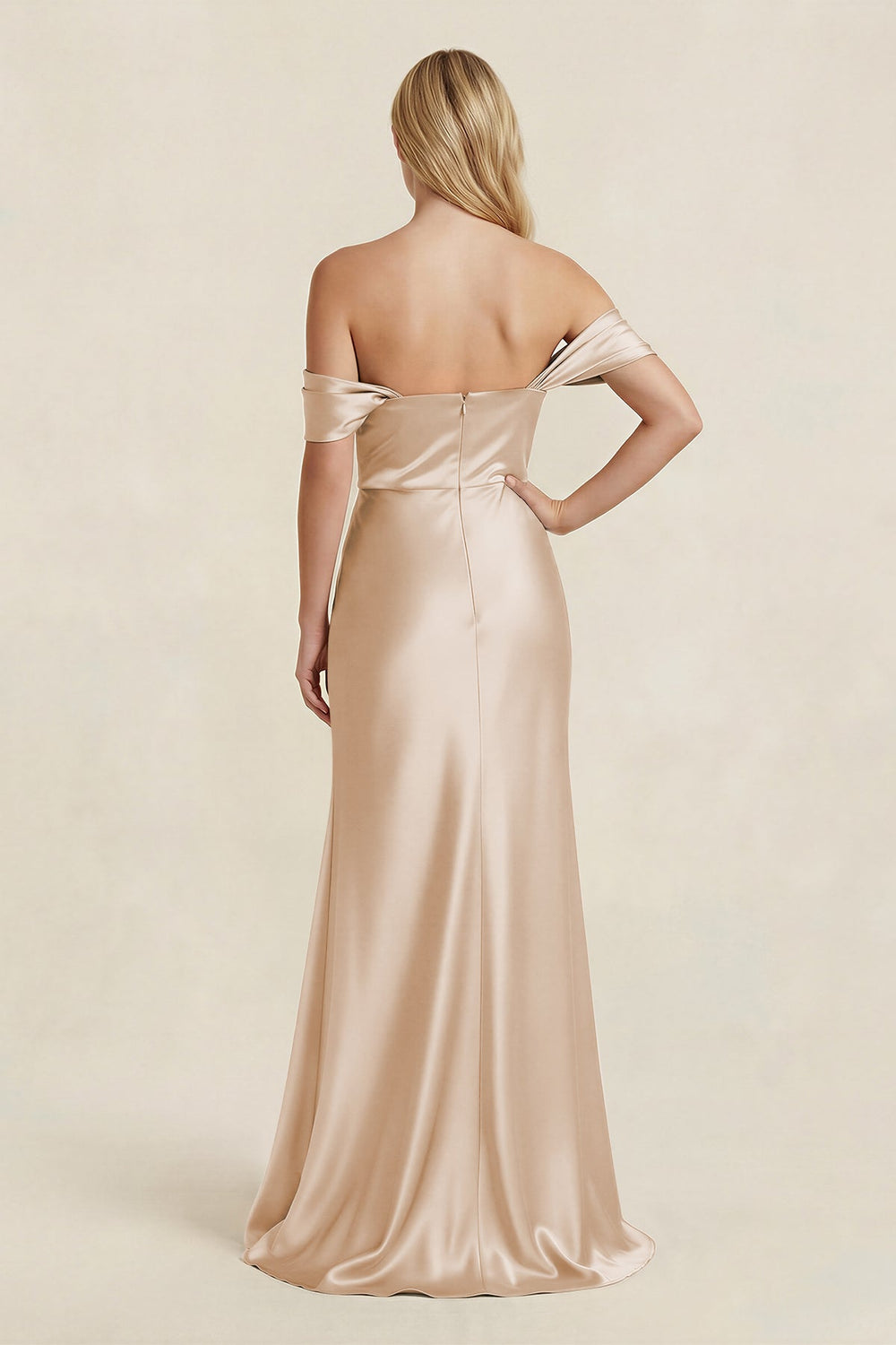 Off - the - Shoulder Sheath Satin Bridesmaid Dress with Slit in Champagne - KissProm Bridesmaid Dresses