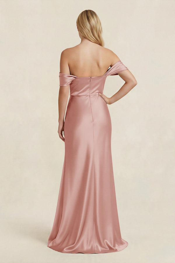 Off - the - Shoulder Sheath Satin Bridesmaid Dress with Slit in Champagne Rose - KissProm Bridesmaid Dresses