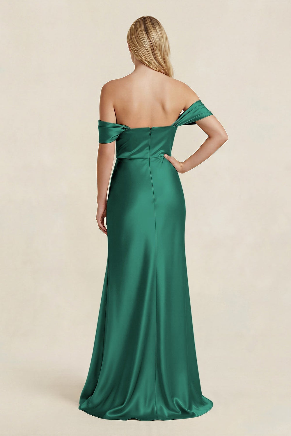 Off - the - Shoulder Sheath Satin Bridesmaid Dress with Slit in Dark Green - KissProm Bridesmaid Dresses