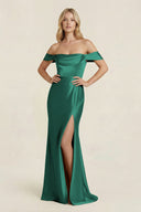 Off - the - Shoulder Sheath Satin Bridesmaid Dress with Slit in Dark Green - KissProm Bridesmaid Dresses