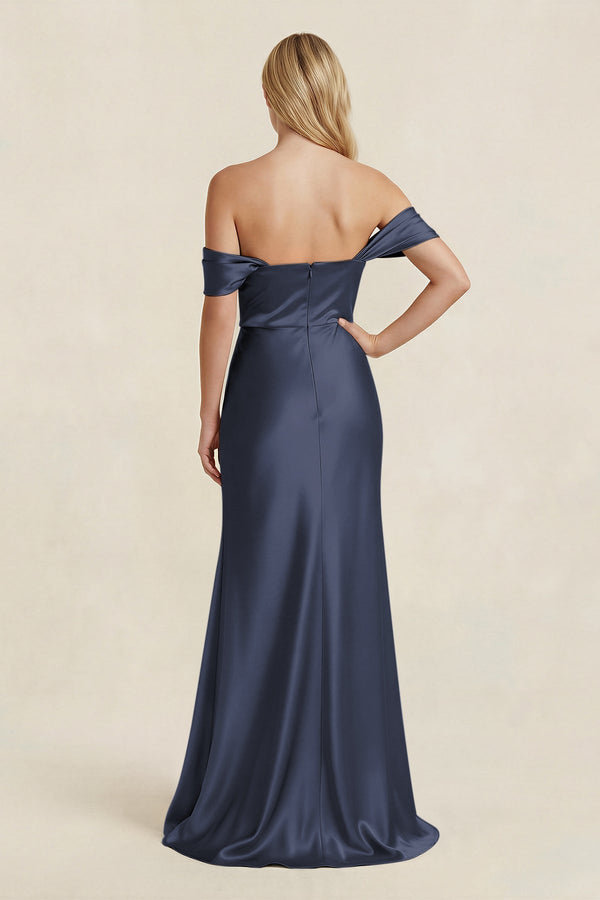 Off - the - Shoulder Sheath Satin Bridesmaid Dress with Slit in Dark Navy - KissProm Bridesmaid Dresses