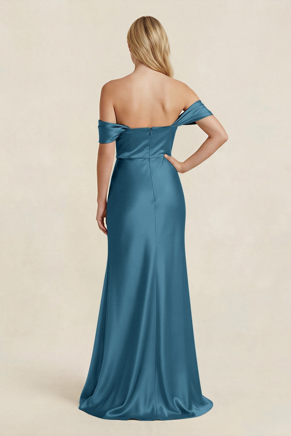 Off - the - Shoulder Sheath Satin Bridesmaid Dress with Slit in Dark Teal - KissProm Bridesmaid Dresses