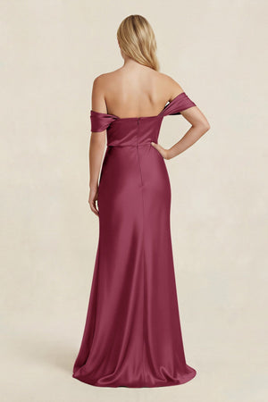 Off - the - Shoulder Sheath Satin Bridesmaid Dress with Slit in Desert Rose - KissProm Bridesmaid Dresses