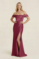 Off - the - Shoulder Sheath Satin Bridesmaid Dress with Slit in Desert Rose - KissProm Bridesmaid Dresses