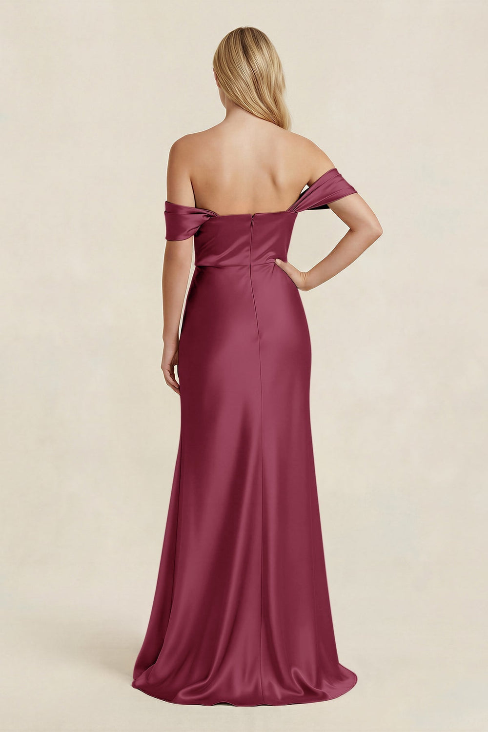 Off - the - Shoulder Sheath Satin Bridesmaid Dress with Slit in Desert Rose - KissProm Bridesmaid Dresses