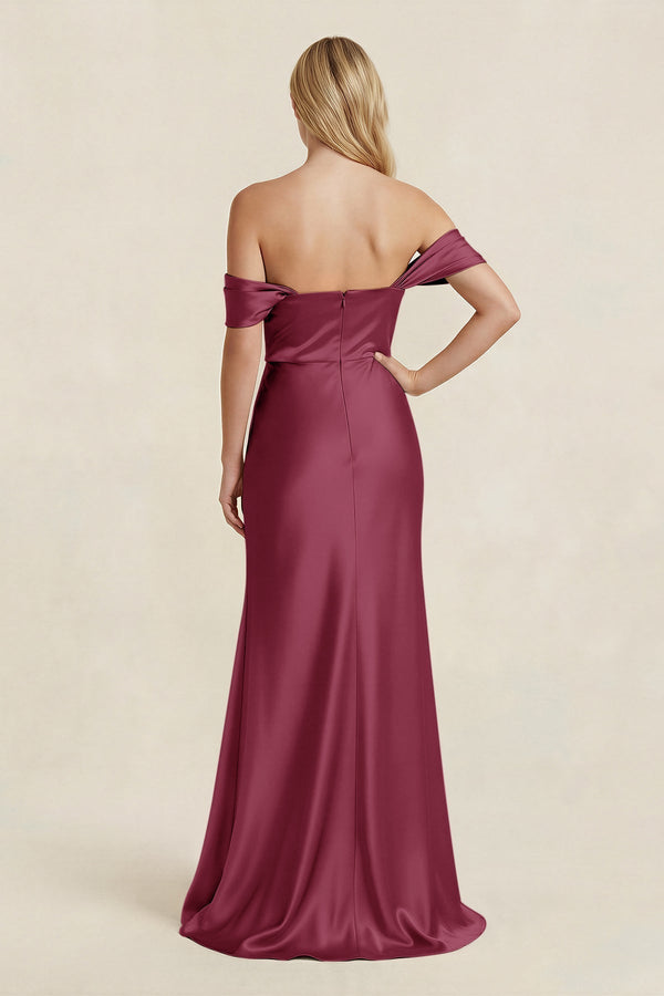 Off - the - Shoulder Sheath Satin Bridesmaid Dress with Slit in Desert Rose - KissProm Bridesmaid Dresses