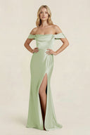 Off - the - Shoulder Sheath Satin Bridesmaid Dress with Slit in Dusty Sage - KissProm Bridesmaid Dresses