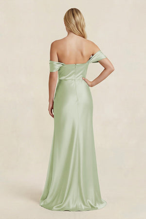 Off - the - Shoulder Sheath Satin Bridesmaid Dress with Slit in Dusty Sage - KissProm Bridesmaid Dresses