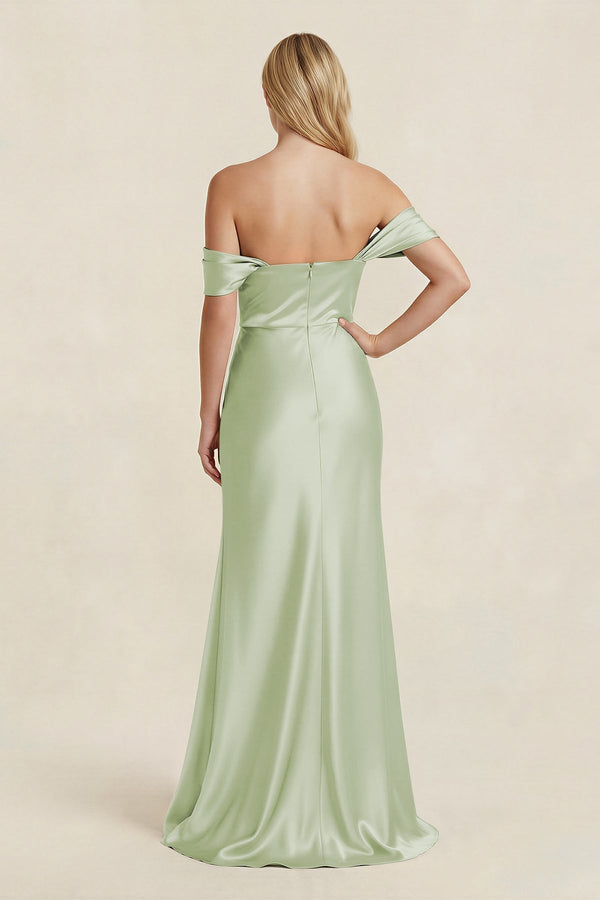 Off - the - Shoulder Sheath Satin Bridesmaid Dress with Slit in Dusty Sage - KissProm Bridesmaid Dresses