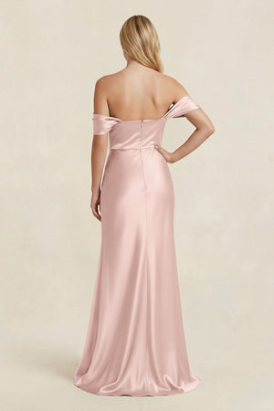 Off - the - Shoulder Sheath Satin Bridesmaid Dress with Slit in English Rose - KissProm Bridesmaid Dresses