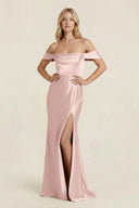Off - the - Shoulder Sheath Satin Bridesmaid Dress with Slit in English Rose - KissProm Bridesmaid Dresses