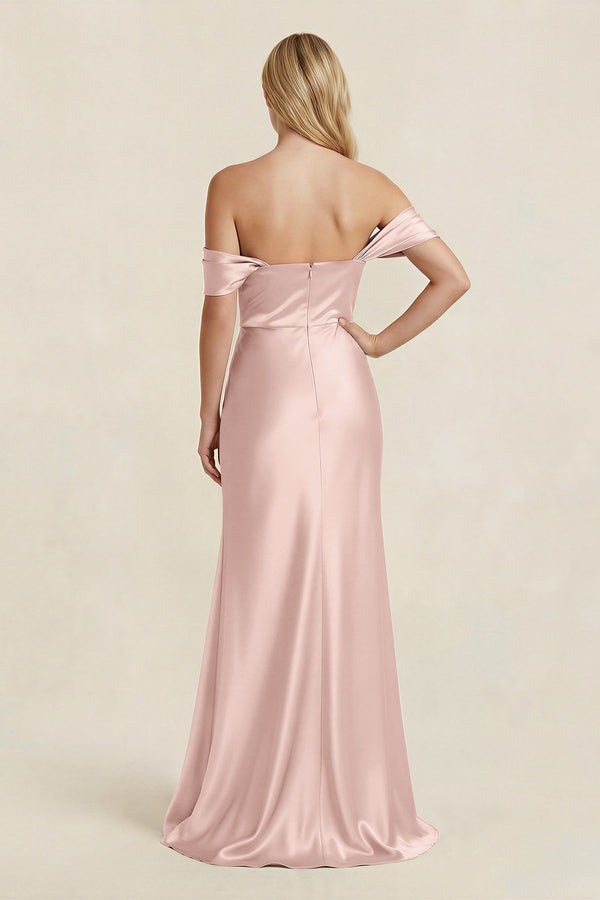 Off - the - Shoulder Sheath Satin Bridesmaid Dress with Slit in English Rose - KissProm Bridesmaid Dresses