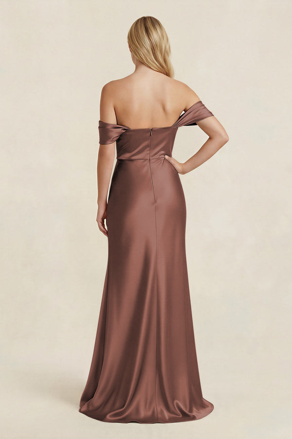Off - the - Shoulder Sheath Satin Bridesmaid Dress with Slit in Espresso - KissProm Bridesmaid Dresses