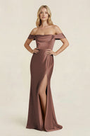 Off - the - Shoulder Sheath Satin Bridesmaid Dress with Slit in Espresso - KissProm Bridesmaid Dresses