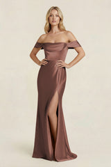 Off - the - Shoulder Sheath Satin Bridesmaid Dress with Slit in Espresso - KissProm Bridesmaid Dresses