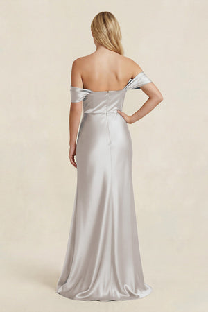 Off - the - Shoulder Sheath Satin Bridesmaid Dress with Slit in Frost - KissProm Bridesmaid Dresses