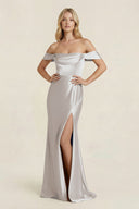 Off - the - Shoulder Sheath Satin Bridesmaid Dress with Slit in Frost - KissProm Bridesmaid Dresses