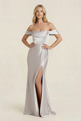 Off - the - Shoulder Sheath Satin Bridesmaid Dress with Slit in Frost - KissProm Bridesmaid Dresses