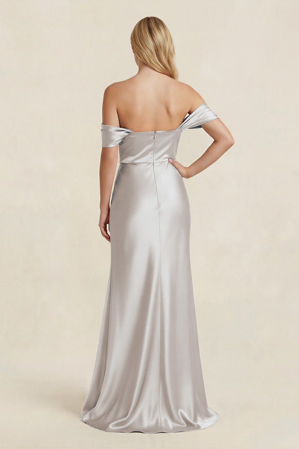 Off - the - Shoulder Sheath Satin Bridesmaid Dress with Slit in Frost - KissProm Bridesmaid Dresses