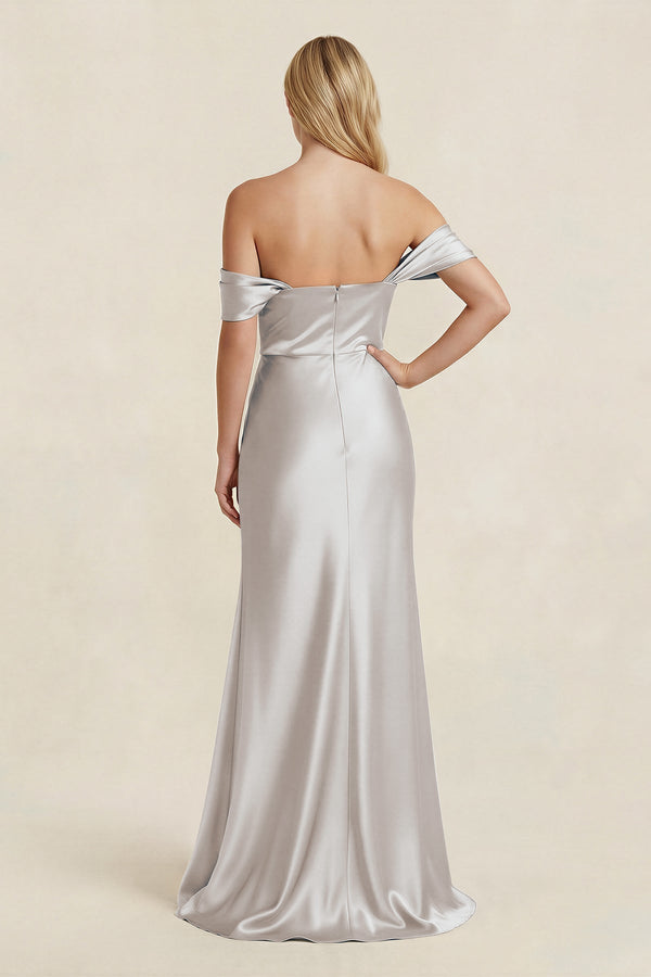 Off - the - Shoulder Sheath Satin Bridesmaid Dress with Slit in Frost - KissProm Bridesmaid Dresses