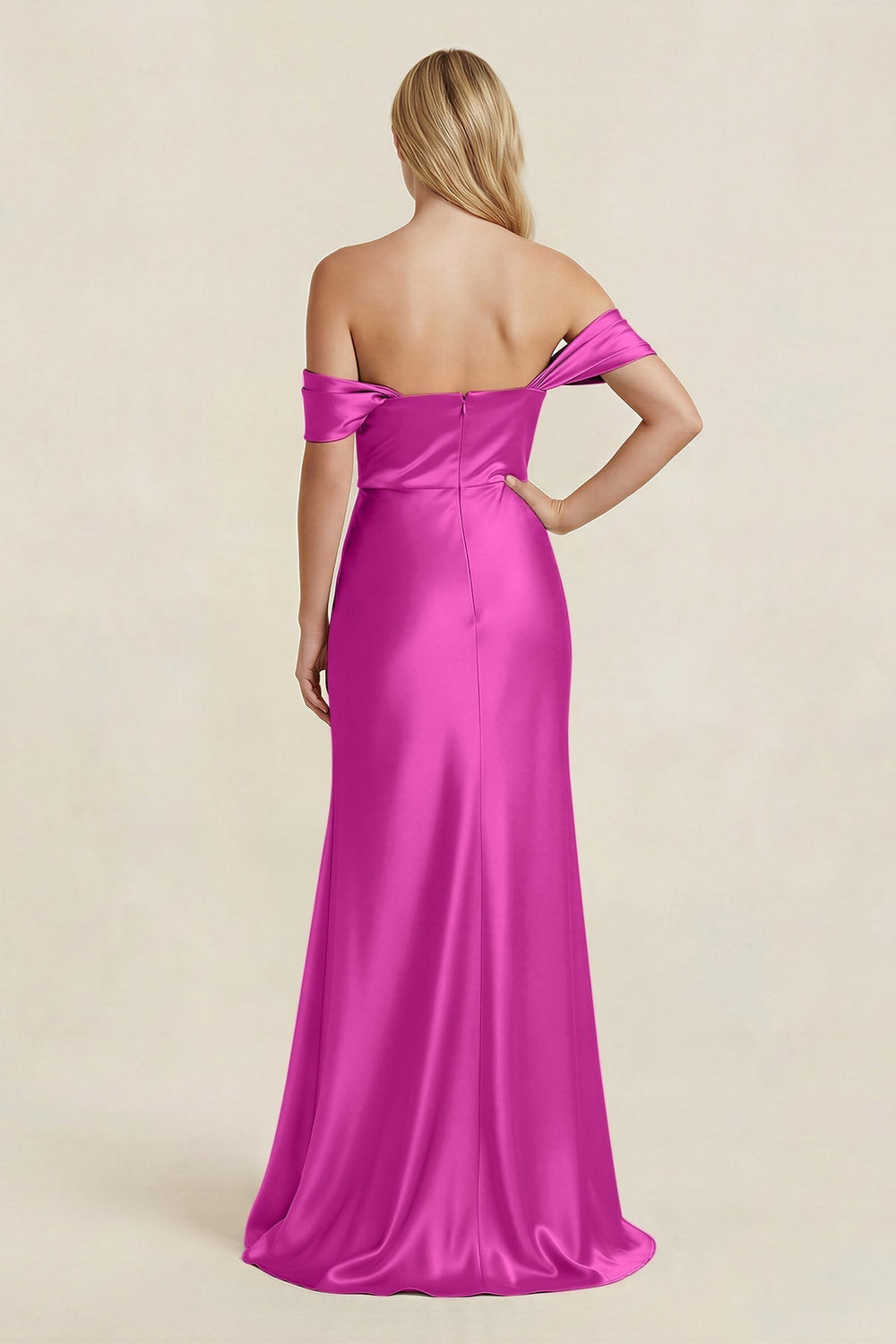 Off - the - Shoulder Sheath Satin Bridesmaid Dress with Slit in Fuchsia - KissProm Bridesmaid Dresses