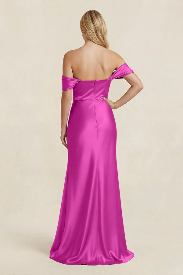 Off - the - Shoulder Sheath Satin Bridesmaid Dress with Slit in Fuchsia - KissProm Bridesmaid Dresses