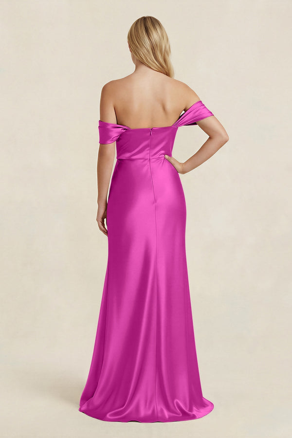 Off - the - Shoulder Sheath Satin Bridesmaid Dress with Slit in Fuchsia - KissProm Bridesmaid Dresses