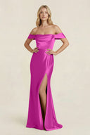Off - the - Shoulder Sheath Satin Bridesmaid Dress with Slit in Fuchsia - KissProm Bridesmaid Dresses