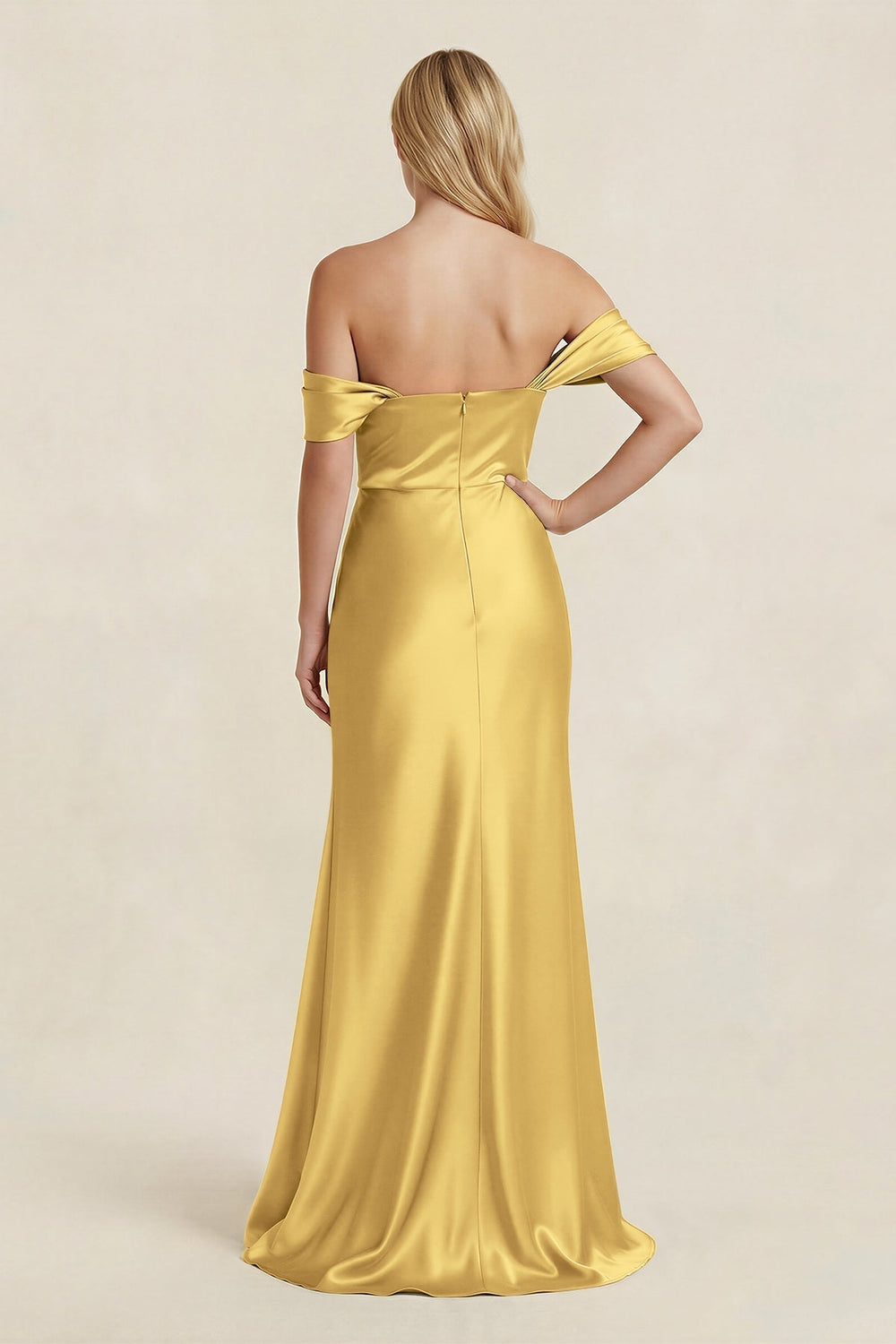Off - the - Shoulder Sheath Satin Bridesmaid Dress with Slit in Gold - KissProm Bridesmaid Dresses