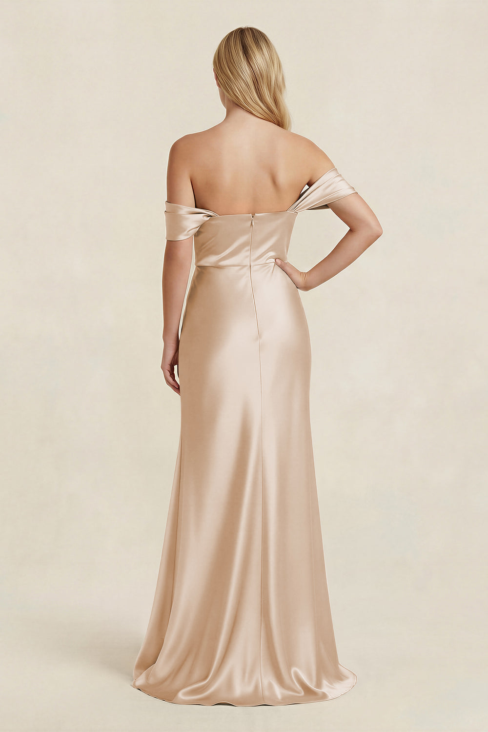 Off-the-Shoulder Sheath Satin Bridesmaid Dress with Slit in Golden Champagne - KissProm BRIDESMAID DRESSES