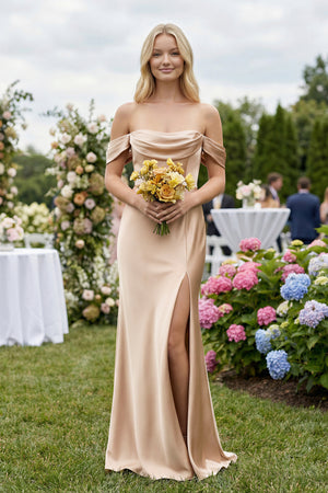 Off-the-Shoulder Sheath Satin Bridesmaid Dress with Slit in Golden Champagne - KissProm BRIDESMAID DRESSES