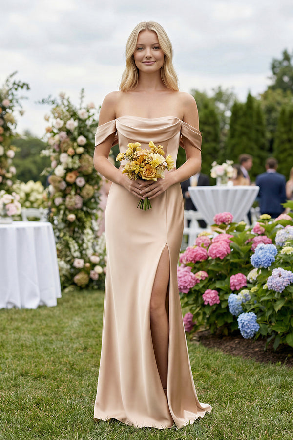 Off-the-Shoulder Sheath Satin Bridesmaid Dress with Slit in Golden Champagne - KissProm BRIDESMAID DRESSES