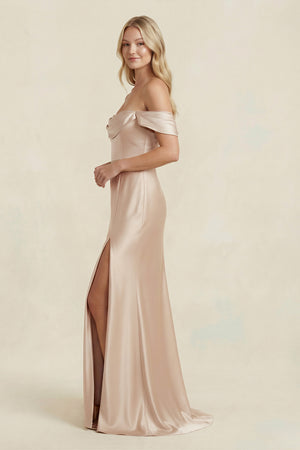 Off-the-Shoulder Sheath Satin Bridesmaid Dress with Slit in Golden Champagne - KissProm BRIDESMAID DRESSES