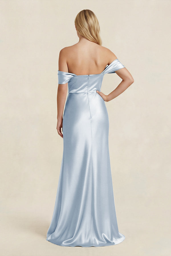 Off - the - Shoulder Sheath Satin Bridesmaid Dress with Slit in Ice - KissProm Bridesmaid Dresses