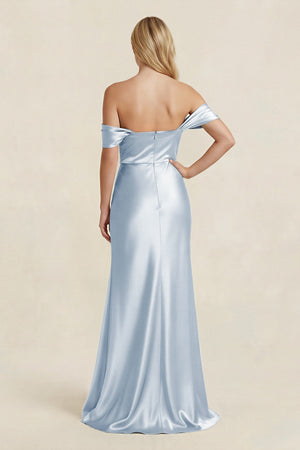 Off - the - Shoulder Sheath Satin Bridesmaid Dress with Slit in Ice - KissProm Bridesmaid Dresses