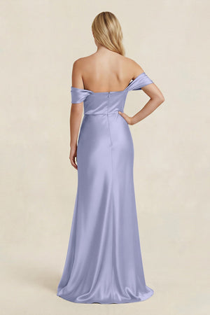 Off - the - Shoulder Sheath Satin Bridesmaid Dress with Slit in Lavender - KissProm Bridesmaid Dresses