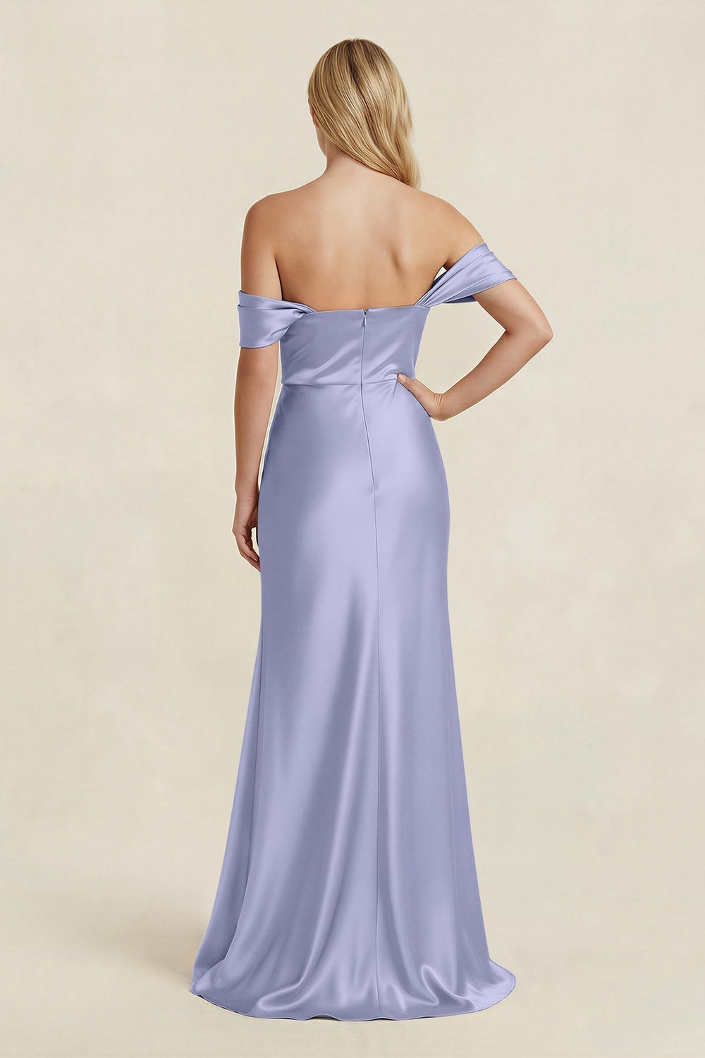 Off - the - Shoulder Sheath Satin Bridesmaid Dress with Slit in Lavender - KissProm Bridesmaid Dresses