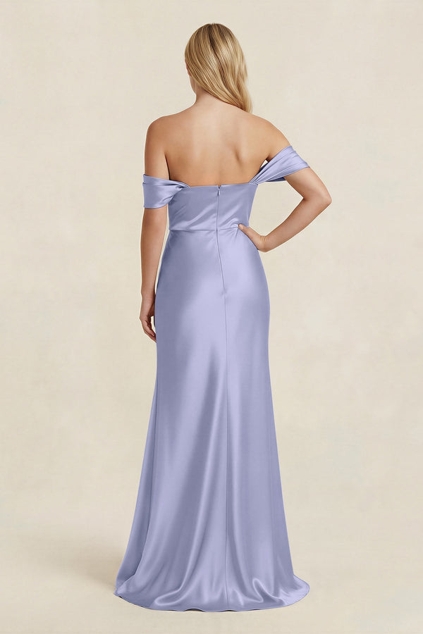 Off - the - Shoulder Sheath Satin Bridesmaid Dress with Slit in Lavender - KissProm Bridesmaid Dresses