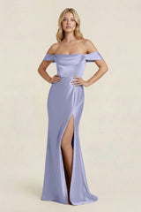 Off - the - Shoulder Sheath Satin Bridesmaid Dress with Slit in Lavender - KissProm Bridesmaid Dresses